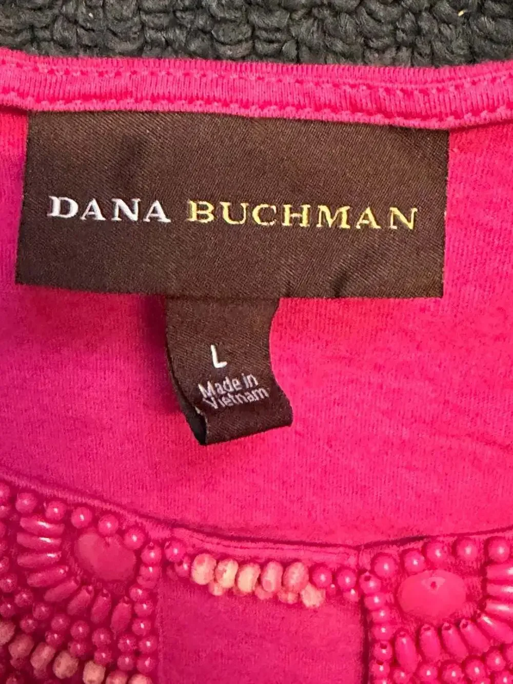 Dana Buchman Women's Hot Pink Short Sleeve T-Shirt with Beaded Keyhole Neckline - Picture 3 of 3
